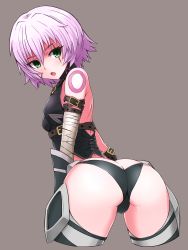 Rule 34 | 1girl, ass, bandages, bare shoulders, belt, bent over, black panties, black thighhighs, butt crack, cameltoe, cropped legs, fate/apocrypha, fate/grand order, fate (series), from behind, green eyes, grey background, halu, halulu, highres, jack the ripper (fate/apocrypha), looking at viewer, looking back, open mouth, panties, scar, short hair, silver hair, simple background, solo, thighhighs, underwear