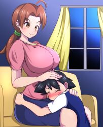 Rule 34 | 1boy, 1girl, :&gt;, alternate breast size, antenna hair, ash ketchum, black hair, blush, breasts, brown eyes, brown hair, creatures (company), delia ketchum, game freak, highres, honotomo7, hug, large breasts, looking at another, low ponytail, medium hair, mother and son, nintendo, pokemon, pokemon (anime), pokemon (classic anime), shiny skin, shirt, sitting, skirt, wide hips, window, yellow shirt