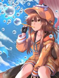 Rule 34 | 1girl, anchor symbol, backpack, bag, birthday, black gloves, blue sky, brown eyes, brown hair, bubble, blowing bubbles, cloud, collarbone, commentary, dated, english commentary, fingerless gloves, gloves, guilty gear, guilty gear strive, hair between eyes, highres, jacket, long hair, mariebell, may (guilty gear), orange headwear, orange jacket, pipe in mouth, sidelocks, signature, skull and crossbones, sky, smoking pipe, solo, whale