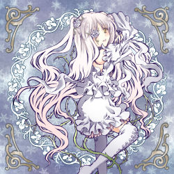 Rule 34 | 00s, 1girl, ai (creamcaramel), ai haco, boots, dress, eyepatch, flower, flower eyepatch, flower over eye, frills, hair flower, hair ornament, kirakishou, long hair, rose, rozen maiden, silver hair, smile, solo, standing, thigh boots, thighhighs, twintails, very long hair, white flower, white rose, yellow eyes, zettai ryouiki