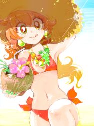 Rule 34 | 1girl, :p, :q, armpits, bikini, coconut, drink, drinking straw, face, flat chest, food, fruit, fruit cup, hat, hoshino lala, lina inverse, orange eyes, red hair, slayers, smile, solo, straw hat, swimsuit, tongue, tongue out