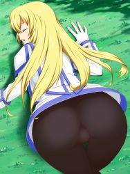 Rule 34 | 00s, 1girl, ass, ass focus, black pantyhose, blonde hair, closed eyes, colette brunel, dress, female focus, gloves, highres, hou (hachiyou), leggings, long hair, nature, no panties, open mouth, pantyhose, plant, solo, tales of (series), tales of symphonia, thigh gap, thighs, top-down bottom-up, white dress, white gloves