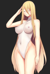Rule 34 | 1girl, bare arms, bare legs, bare shoulders, black background, blonde hair, breasts, covered navel, cowboy shot, daiaru, covered erect nipples, closed eyes, female focus, groin, hair between eyes, hair over one eye, hand up, highres, large breasts, legs, leotard, long hair, original, ponytail, salute, senhime bad ending ii, simple background, sleeveless, solo, thighs, white leotard