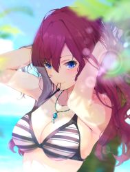 Rule 34 | 1girl, bad id, bad twitter id, bare shoulders, bikini, blue eyes, blurry, blurry background, blush, bokeh, breasts, bush, cleavage, day, depth of field, empty eyes, hair tie in mouth, highres, holding, holding hair, ichinose shiki, idolmaster, idolmaster cinderella girls, jewelry, long hair, looking at viewer, medium breasts, mouth hold, necklace, outdoors, pendant, ponytail, purple hair, ryuu., smile, solo, striped bikini, striped clothes, sunlight, swimsuit, upper body, wavy hair
