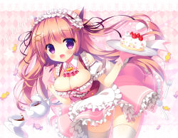 Rule 34 | 1girl, :d, animal ears, apron, argyle, argyle background, argyle clothes, ascot, blush, breasts, brown hair, cake, candy hair ornament, candy wrapper, cat ears, cat tail, cleavage, commentary request, cowboy shot, cup, detached collar, doily, fang, food, food-themed hair ornament, fork, frilled apron, frilled shirt, frilled skirt, frilled sleeves, frills, fruit, gloves, hair ornament, hair ribbon, hairclip, holding, holding tray, huge breasts, lace background, leaning forward, long hair, looking at viewer, maid, maid headdress, open mouth, original, pink gloves, pink ribbon, pink skirt, puffy short sleeves, puffy sleeves, purple eyes, red ribbon, ribbon, ribbon-trimmed sleeves, ribbon trim, sasai saji, saucer, shirt, short sleeves, skirt, sleeveless, smile, solo, spoon, star (symbol), strawberry, strawberry shortcake, tail, tea, teacup, teapot, thighhighs, tray, two side up, white apron, white thighhighs, wing collar, x hair ornament
