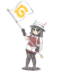 Rule 34 | 10s, 1girl, backpack, bad id, bad pixiv id, bag, black eyes, black gloves, black hair, black pantyhose, blue feathers, blush, breasts, brown footwear, closed mouth, collarbone, feathers, flag, gloves, hat feather, helmet, holding, holding flag, japari symbol, kaban (kemono friends), kemono friends, leaning to the side, pantyhose, pith helmet, red feathers, red footwear, shoes, short shorts, short sleeves, shorts, small breasts, smile, solo, standing, u-non (annon&#039;an), white background, white shorts