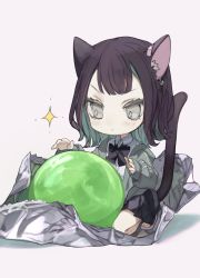 Rule 34 | 1girl, animal ears, black bow, black bowtie, black footwear, black hair, black skirt, blush, bow, bowtie, candy, candy wrapper, cat ears, cat girl, cat tail, chibi, collared shirt, commentary request, earrings, food, green hair, green jacket, highres, jacket, jewelry, kneeling, long sleeves, looking at food, looking down, mini person, minigirl, miniskirt, multicolored hair, original, pleated skirt, shirt, shoes, short hair, simple background, skirt, solo, sparkle, tail, toeless footwear, tokiwata soul, two-tone hair, white shirt