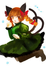 Rule 34 | 1girl, animal ears, boots, bow, braid, brown pantyhose, cat ears, cat girl, cat tail, dress, female focus, green dress, hair bow, kaenbyou rin, long hair, multiple tails, open mouth, pantyhose, red eyes, red hair, smile, solo, tail, touhou, twin braids, yutsuka (amyucca)