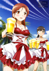 Rule 34 | 2girls, absurdres, alcohol, beer, beer mug, black hair, breasts, brown eyes, brown hair, cleavage, cup, dirndl, dress, eyepatch, frills, german clothes, highres, long hair, mc axis, minna-dietlinde wilcke, mug, multiple girls, official art, onoda masahito, sakamoto mio, smoke trail, strike witches, waitress, world witches series