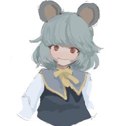Rule 34 | 1girl, animal ears, capelet, cropped torso, dress, grey dress, grey hair, jewelry, long sleeves, looking at viewer, mouse ears, nazrin, red eyes, shirt, short hair, simple background, smile, solo, to finally, touhou, upper body, vest, white background, white shirt