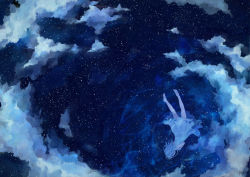 Rule 34 | 1girl, 72 (nananatsu), afloat, bad id, bad pixiv id, barefoot, blue theme, cloud, dress, fantasy, floating, from behind, legs, night, night sky, original, reflection, short hair, sky, solo, star (sky), starry sky, water, white dress
