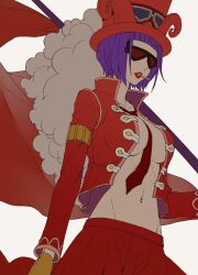 Rule 34 | 1girl, akazu kieshi, belo betty, blunt bangs, breasts, cigarette, commentary request, cowboy shot, flag, gloves, goggles, goggles on headwear, hat, hat feather, holding, holding flag, jacket, large breasts, necktie, one piece, open clothes, open jacket, purple hair, red jacket, red lips, red necktie, short hair, solo, stomach, sunglasses, white background