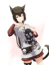 1girl, absurdres, animal ears, bangs, black hair, black tail, earrings, eyebrows visible through hair, hair between eyes, hands up, highres, jewelry, looking at viewer, mikisai, necklace, one eye closed, open mouth, original, red eyes, sidelocks, simple background, skull, skull necklace, skull print, solo, tail, white background
