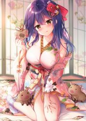 Rule 34 | 1girl, :q, absurdres, animal, bare shoulders, blue hair, blurry, boar, breasts, brown eyes, chinese zodiac, closed mouth, collarbone, depth of field, detached sleeves, ema, floral print, flower, hair between eyes, hair flower, hair ornament, hair ribbon, hand on own thigh, highres, japanese clothes, kimono, large breasts, long hair, long sleeves, looking at viewer, nanami yuuno, new year, obi, original, print kimono, red flower, red ribbon, ribbon, sash, scan, sidelocks, smile, socks, solo, sousouman, tabi, thighs, tongue, tongue out, white kimono, white socks, wide sleeves, year of the pig