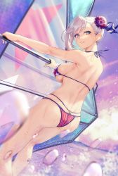 Rule 34 | 1girl, american flag, american flag bikini, american flag print, ass, asymmetrical hair, back, bikini, blue eyes, boat, breasts, bun cover, fate/grand order, fate (series), feet out of frame, flag print, from behind, hair bun, hair ribbon, halterneck, hanging on, highres, horizon, large breasts, leaning back, looking back, miyamoto musashi (fate), miyamoto musashi (fate/grand order), miyamoto musashi (swimsuit berserker) (fate), miyamoto musashi (swimsuit berserker) (second ascension) (fate), ocean, outdoors, outstretched arms, pink hair, ribbon, sailing, sideboob, single hair bun, single hair intake, sky, smile, solar (happymonk), solo, splashing, spray, sunset, swimsuit, teeth, water, water drop, watercraft, windsurfing