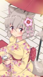 Rule 34 | 1girl, alternate costume, animal ear fluff, animal ears, blanket, blush, breasts, commentary request, cup, floral print, flower, from above, grey hair, hair between eyes, hair flower, hair ornament, holding, holding cup, inubashiri momiji, japanese clothes, kimono, large breasts, long sleeves, looking at viewer, looking up, obi, oil-paper umbrella, onomiya, planted, planted umbrella, print kimono, red eyes, sash, seiza, sett, short hair, sitting, smile, solo, stone floor, tail, touhou, umbrella, wide sleeves, wolf ears, wolf tail, yellow kimono