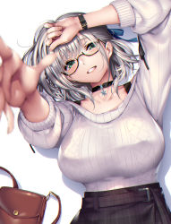 Rule 34 | 1girl, bag, black choker, blurry, blush, breasts, brown skirt, choker, commentary request, depth of field, glasses, green eyes, grin, hand on own head, highres, hololive, large breasts, long sleeves, looking at viewer, lying, medium hair, off-shoulder sweater, off shoulder, on back, outstretched arm, piromizu, reaching, reaching towards viewer, shirogane noel, shirogane noel (casual), silver hair, simple background, skirt, smile, solo, strap, sweater, virtual youtuber, watch, white background, white sweater, wristwatch