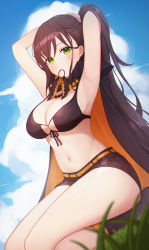 Rule 34 | 1girl, absurdres, armpits, arms behind head, arms up, bad id, bad pixiv id, bare arms, bare legs, bare shoulders, bead necklace, beads, belt, bikini, bikini top only, black bikini, black shorts, blue sky, breasts, brown hair, bunching hair, cape, cleavage, cloud, commission, day, feet out of frame, front-tie bikini top, front-tie top, green eyes, gya (144), hair tie in mouth, has bad revision, has downscaled revision, highres, jewelry, large breasts, long hair, looking at viewer, md5 mismatch, micro shorts, midriff, mouth hold, navel, necklace, outdoors, pixiv commission, re:zero kara hajimeru isekai seikatsu, resolution mismatch, revision, shaula (re:zero), short shorts, shorts, sitting, sky, solo, source smaller, stomach, string bikini, swimsuit, thighs, very long hair
