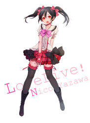 Rule 34 | 10s, 1girl, bad id, bad pixiv id, black hair, black thighhighs, bokura wa ima no naka de, boots, bow, character name, clothing cutout, collar, copyright name, covering privates, covering crotch, fingerless gloves, frilled thighhighs, frills, gloves, hair bow, harano, heart, heart cutout, highres, long hair, love live!, love live! school idol project, open mouth, plaid, plaid skirt, red eyes, ribbon, skirt, solo, standing, thighhighs, twintails, yazawa nico, zettai ryouiki