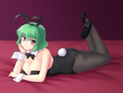 Rule 34 | 1girl, alternate costume, animal ears, ass, black pantyhose, blush, bow, bowtie, breasts, cleavage, detached collar, gradient background, green hair, hand on own cheek, hand on own face, high heels, isaki (gomi), kazami yuuka, large breasts, legs up, leotard, looking at viewer, lying, on stomach, pantyhose, playboy bunny, rabbit ears, rabbit tail, red eyes, short hair, smile, solo, tail, touhou, wrist cuffs