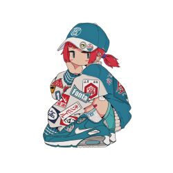 Rule 34 | 1girl, air max, air max 90, aqua eyes, aqua footwear, aqua hat, aqua jacket, aqua shorts, badge, bandaid, bandaid on leg, baseball cap, blush, button badge, closed mouth, clothes writing, from side, hand on own cheek, hand on own face, hand up, hat, highres, jacket, jitome, looking at viewer, looking to the side, nao97122, nike (company), original, outside border, patch, red hair, ribbed socks, shoes, short hair, short twintails, shorts, simple background, sneakers, socks, solo, squatting, streetwear, twintails, white background, white sleeves, white socks