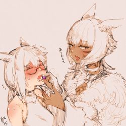 Rule 34 | 2girls, absurdres, animal ears, blush, breasts, candy, cat ears, choker, cleavage, closed eyes, dress, facial mark, feeding, final fantasy, final fantasy xiv, food, full-face blush, fur trim, halterneck, highres, hjz (artemi), looking at another, miqo&#039;te, multiple girls, neck tattoo, open mouth, short hair, spot color, tattoo, whisker markings, white background, y&#039;shtola rhul