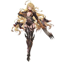 Rule 34 | blonde hair, bodysuit, boots, breasts, center opening, claw (weapon), cleavage, curly hair, granblue fantasy, hair over one eye, high heel boots, high heels, large breasts, long hair, looking at viewer, minaba hideo, official art, predator (granblue fantasy), transparent background, weapon