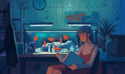 Rule 34 | 1girl, black hair, book, clea (geee13), clock, dress, feet out of frame, fish, fish tank, highres, indoors, light, long hair, long sleeves, open book, original, plant, reading, red dress, screen, shelf, shirt, sitting, solo, white shirt