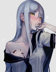 Rule 34 | 10s, 1girl, abyssal ship, blouse, blush, breasts, chocolate, chocolate on body, chocolate on breasts, collarbone, eyes visible through hair, fingernails, food on body, grey background, hand to own mouth, highres, kantai collection, long hair, looking at viewer, medium breasts, neckerchief, nose blush, off shoulder, open clothes, open shirt, pale skin, sailor collar, sailor shirt, school uniform, serafuku, shiny skin, shirt, short sleeves, sidelocks, silver hair, simple background, solo, steam, ta-class battleship, tearing up, walzrj, yellow eyes