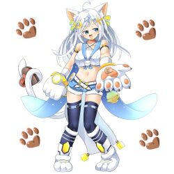 Rule 34 | 1girl, ahoge, animal ears, animal hands, belt, black thighhighs, blue eyes, blue sailor collar, blue shorts, blush, breasts, candy, cat ears, cat girl, cat tail, character request, chocolate, chocolate heart, commentary request, crescent, crescent hair ornament, crop top, food, full body, fur-trimmed shorts, fur trim, gloves, hair ornament, hairclip, heart, hop step jumpers, incoming food, large breasts, lets0020, long hair, looking afar, looking to the side, medium bangs, midriff, navel, open mouth, paw gloves, paw print, paw print background, paw shoes, sailor collar, shirt, short shorts, shorts, sidelocks, simple background, sleeveless, sleeveless shirt, smile, solo, standing, star (symbol), star hair ornament, tail, thighhighs, transparent background, white belt, white hair, white shirt