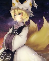 Rule 34 | 1girl, animal hat, blonde hair, commentary request, dress, expressionless, fox tail, frilled sleeves, frills, grey eyes, hands in opposite sleeves, hat, highres, long sleeves, mob cap, multiple tails, ofuda, mob cap, sakuratsuki, short hair, tabard, tail, touhou, white dress, yakumo ran