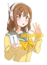 Rule 34 | 1girl, :o, absurdres, artist name, artist request, blush, bow, bowtie, breasts, brown eyes, brown hair, buttons, cardigan, collarbone, eyebrows, female focus, grey sailor collar, hair between eyes, headphones, headset, highres, holding, kunikida hanamaru, light brown hair, long hair, long sleeves, looking at viewer, love live!, love live! sunshine!!, medium breasts, orange bow, parted lips, sailor collar, school uniform, skirt, sleeves past wrists, smile, solo, sony, sweater, upper body, uranohoshi school uniform, vest, white background, yellow cardigan, yellow eyes, yellow sweater