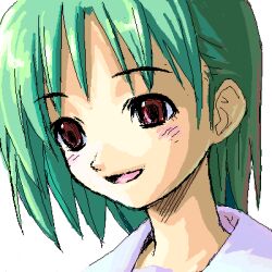 1girl :d aqua_hair archived_source iska jaggy_lines lowres open_mouth original portrait red_eyes short_hair simple_background smile solo white_background