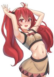Rule 34 | 1girl, ahoge, armpits, arms up, black hairband, brown skirt, crossed bangs, eris greyrat, hairband, highres, long hair, looking at viewer, midriff, mushoku tensei, navel, open mouth, red eyes, red hair, simple background, skirt, solo, syagare, twintails, white background