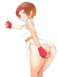 Rule 34 | 1girl, ass, blush, bottomless, braid, breasts, brown eyes, brown hair, covering ass, covering crotch, covering privates, dougi, gloves, hand on own ass, headband, no pants, ryuuko no ken, short hair, solo, the king of fighters, thumbs up, yuri sakazaki, zoudai