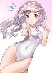 Rule 34 | 1girl, breasts, commentary request, competition swimsuit, covered navel, cowboy shot, eyewear on head, flying sweatdrops, gradient background, grey eyes, grey hair, highres, idolmaster, idolmaster shiny colors, index finger raised, long hair, one-piece swimsuit, osoba susurukun, pointing, pointing at viewer, small breasts, solo, sunglasses, swimsuit, two-tone swimsuit, visor cap, whistle, whistle around neck, white one-piece swimsuit, yukoku kiriko