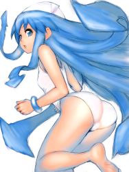 Rule 34 | 1girl, ass, barefoot, blue eyes, blue hair, fumio (rsqkr), ikamusume, long hair, looking back, matching hair/eyes, one-piece swimsuit, shinryaku! ikamusume, solo, swimsuit, tentacle hair