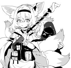 Rule 34 | 1girl, 1other, ^ ^, animal ear fluff, animal ears, apron, arknights, blush, closed eyes, ddari, doctor (arknights), fox ears, fox girl, fox tail, gloves, greyscale, hair between eyes, hairband, holding, holding staff, hood, hood up, infection monitor (arknights), kitsune, monochrome, parted lips, shirt, simple background, single glove, skirt, staff, suzuran (arknights), tail, waist apron, white background