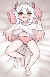 Rule 34 | 1girl, ahoge, animal ear fluff, animal ears, arm up, barefoot, bed, blush, brown eyes, cat ears, cat girl, cat tail, fang, feet, full body, hand under clothes, hand under shirt, hch cheol, highres, komi (trickcal), legs, long hair, lying, navel, on back, open mouth, pillow, pink shorts, shirt, short shorts, shorts, smile, solo, tail, thighs, toes, trickcal, white hair, white shirt