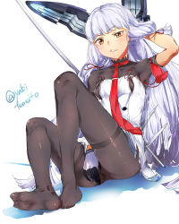 Rule 34 | 10s, 1girl, adjusting hair, black pantyhose, blush, feet, gloves, headgear, kantai collection, long hair, murakumo (kancolle), murakumo kai ni (kancolle), necktie, no shoes, pantyhose, parted lips, sidelocks, silver hair, sitting, smile, soles, solo, thighband pantyhose, toes, twitter username, yakitomato, yellow eyes
