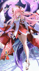 Rule 34 | 1girl, absurdres, bare legs, bare shoulders, breasts, cherry blossoms, feet, full body, genshin impact, haruri, high heels, highres, japanese clothes, legs, long sleeves, looking at viewer, miko, multiple tails, pink hair, purple eyes, smile, solo, tail, toeless legwear, wide sleeves, yae miko