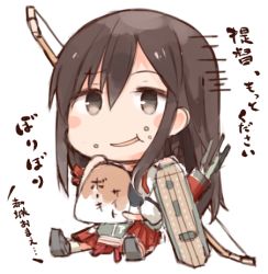 Rule 34 | 10s, 1girl, akagi (kancolle), arrow (projectile), blush stickers, bow (weapon), brown eyes, brown hair, chibi, eating, faux traditional media, flight deck, food, food on face, holding, kantai collection, kotatu (akaki01aoki00), long hair, lowres, muneate, simple background, sitting, solo, translation request, weapon, white background
