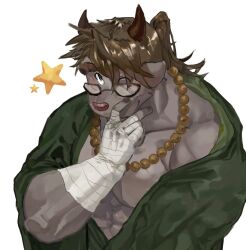 Rule 34 | 1boy, animal ears, bandaged arm, bandages, bara, bead necklace, beads, black nails, brown fur, brown hair, brown horns, catoblepas (housamo), commentary, furry, furry male, gao (gao 53937056), glasses, green kimono, hand to own mouth, high ponytail, highres, horns, huge eyebrows, japanese clothes, jewelry, kimono, long hair, male focus, mixed-language commentary, muscular, muscular male, necklace, one eye closed, open clothes, open kimono, pectorals, simple background, solo, star (symbol), swept bangs, tokyo houkago summoners, upper body, white background
