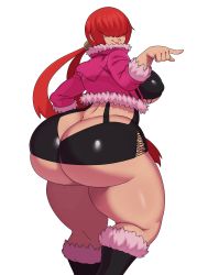 Rule 34 | 1girl, absurdres, ass, boots, breasts, butt crack, dress, eric lowery, fur trim, hair over eyes, highres, huge ass, jacket, large breasts, long hair, no panties, pointing, red hair, shermie (kof), solo, the king of fighters, thick thighs, thighs, tight clothes, white background, wide hips