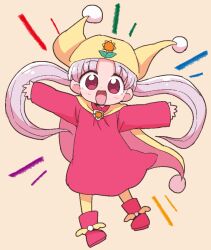 Rule 34 | 1girl, blush, boots, cape, commentary request, dokan (dkn), hat, jester cap, long hair, magical girl, open mouth, pantyhose, princess silver, red eyes, smile, solo, twintails, yellow cape, yellow hat, yellow pantyhose, yume no crayon oukoku