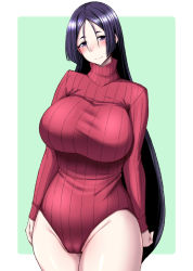 Rule 34 | 1girl, blush, breasts, cowboy shot, fate/grand order, fate (series), groin, heattech leotard, highres, large breasts, leotard, long hair, looking at viewer, minamoto no raikou (fate), nokoppa, parted bangs, purple eyes, purple hair, ribbed leotard, simple background, smile, solo, sweater, turtleneck, very long hair