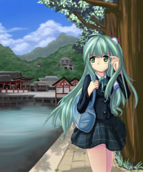 Rule 34 | 1girl, alternate costume, architecture, blazer, blush, breasts, cloud, day, east asian architecture, female focus, frog hair ornament, green eyes, green hair, hair ornament, hair tubes, highres, jacket, kochiya sanae, long hair, matching hair/eyes, school uniform, skirt, sky, snake, solo, touhou, tree, water
