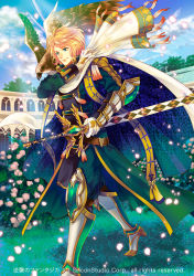 Rule 34 | 1boy, bad id, bad pixiv id, bird, blonde hair, blue eyes, boots, cape, company name, day, epaulettes, feathered wings, flower, full body, gloves, gyakushuu no fantasica, leaf, male focus, official art, petals, scarf, sky, solo, sword, weapon, wings, yukikana