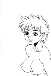 Rule 34 | 1girl, absurdres, bandaid, bandaid on face, bandaid on nose, breasts, dragon ball, female, greyscale, highres, large breasts, lips, mole, mole under mouth, monochrome, nipples, nude, short hair, simple background, smile, solo, upper body