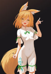 Rule 34 | 1girl, absurdres, animal ear fluff, animal ears, black background, blonde hair, covered navel, cowboy shot, dress, fang, fox ears, fox shadow puppet, fox tail, highres, holding, iranon (new iranon), kudamaki tsukasa, looking at viewer, medium hair, ribbon, short sleeves, simple background, smile, solo, tail, touhou, vial, white dress, yellow eyes